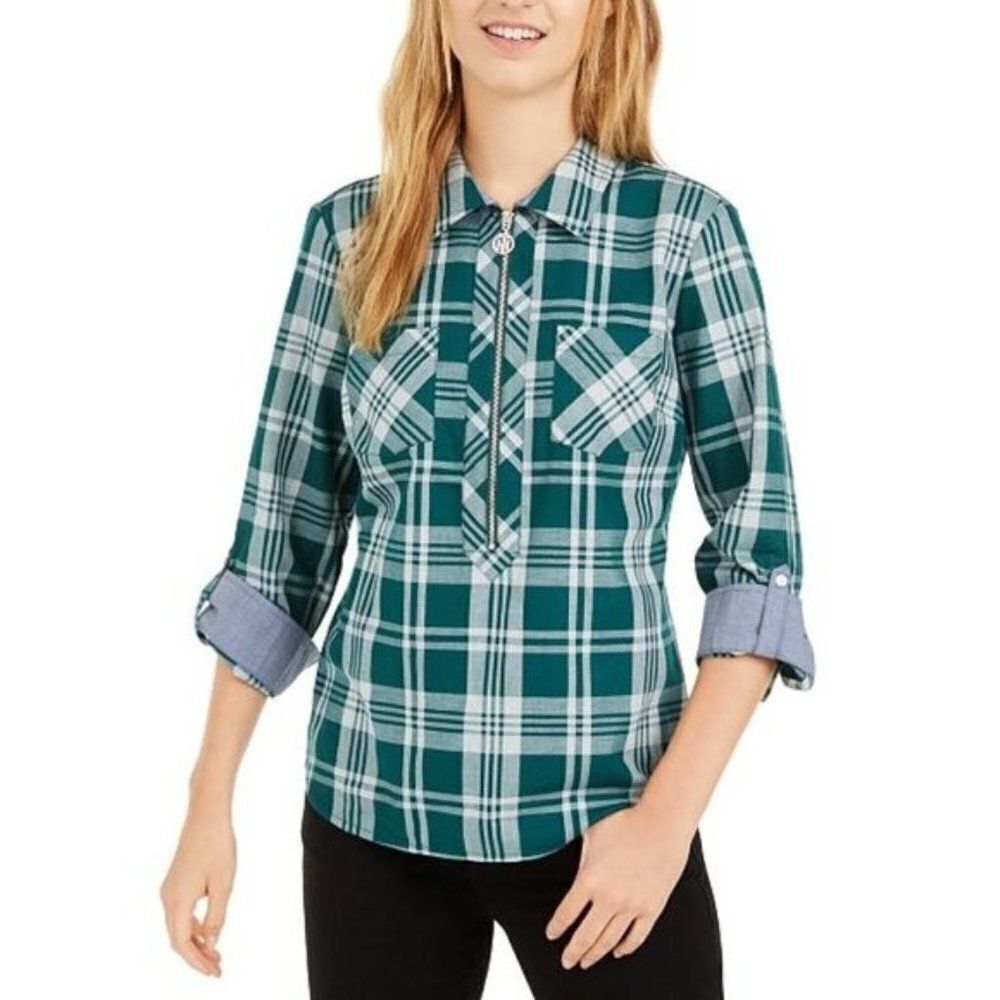 Tommy Hilfiger Popover Zip-Neck Plaid Top size Small in Green - NEW